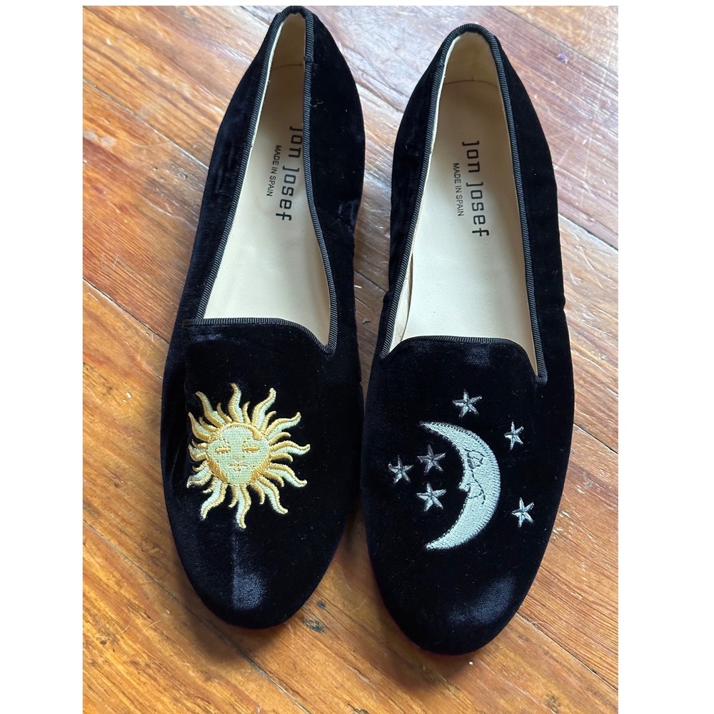 Black Velvet Celestial Sun Moon Stars Smoking Slipper Loafers 8M Jon Josef Rare